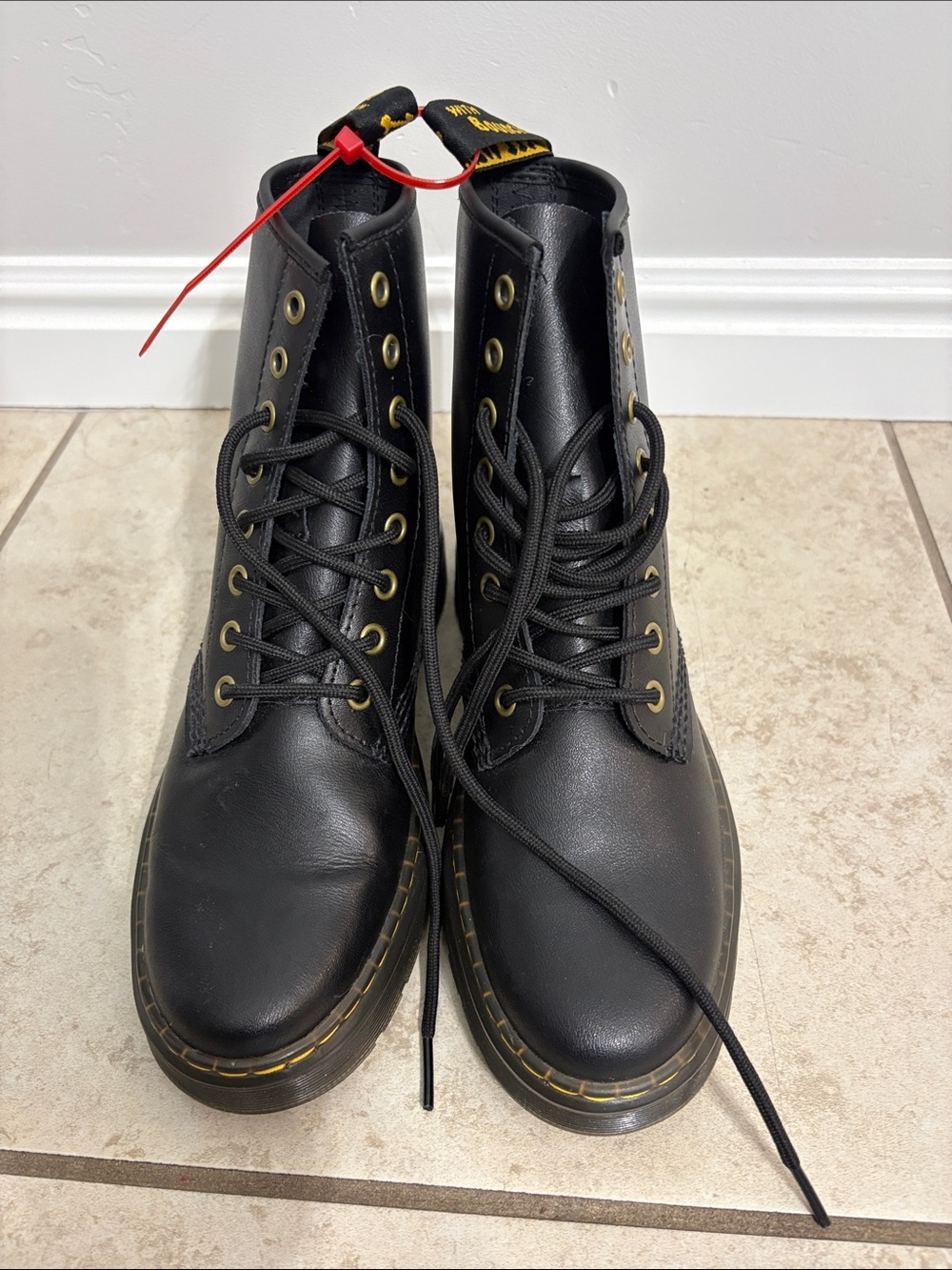 Dr. Martens Black Leather Lace-Up Ankle Boots with Yellow Stitching